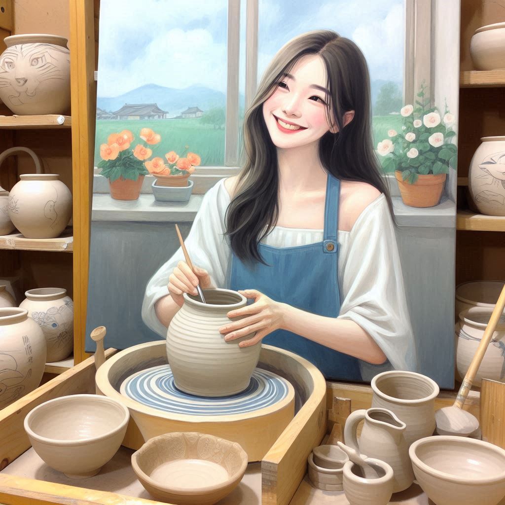 stowórz obraz na warsztaty ceramiczne indywidualne, przedstaw 1 osobę usmiechniętą na warsztatch cer warsztaty ceramiczne indywidualne