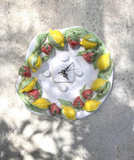 Duży, wykonany ceramiczny zegar ścienny z cytrynami – ręcznie malowany styl sycylijski – Wystrój kuchni śródziemnomorskiej